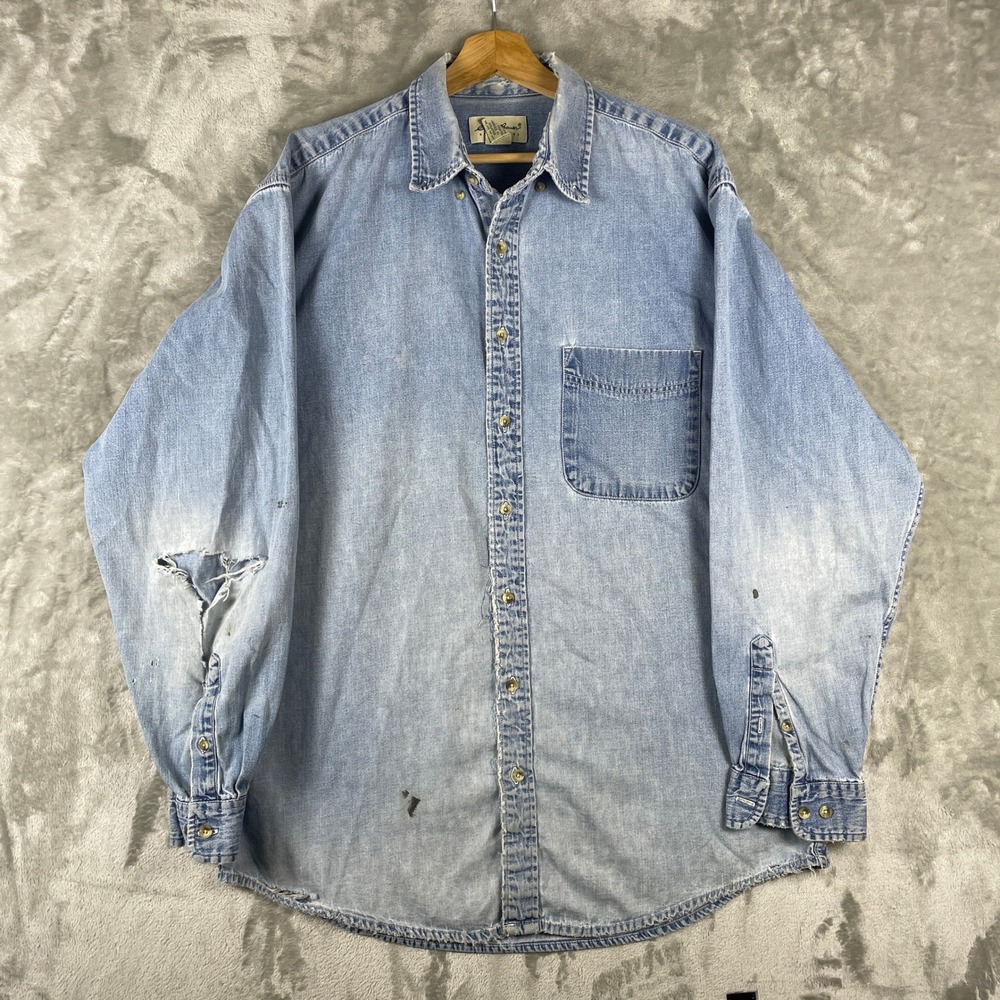 Vintage Eddie Bauer Denim Shirt Mens Large Tall Blue Distressed Long Sleeve